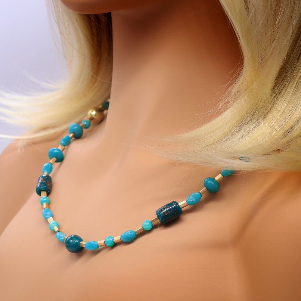 Necklace Hand Blown Green Glass Beads Green Turquoise Gold Metal Beads - Picture 2 of 3
